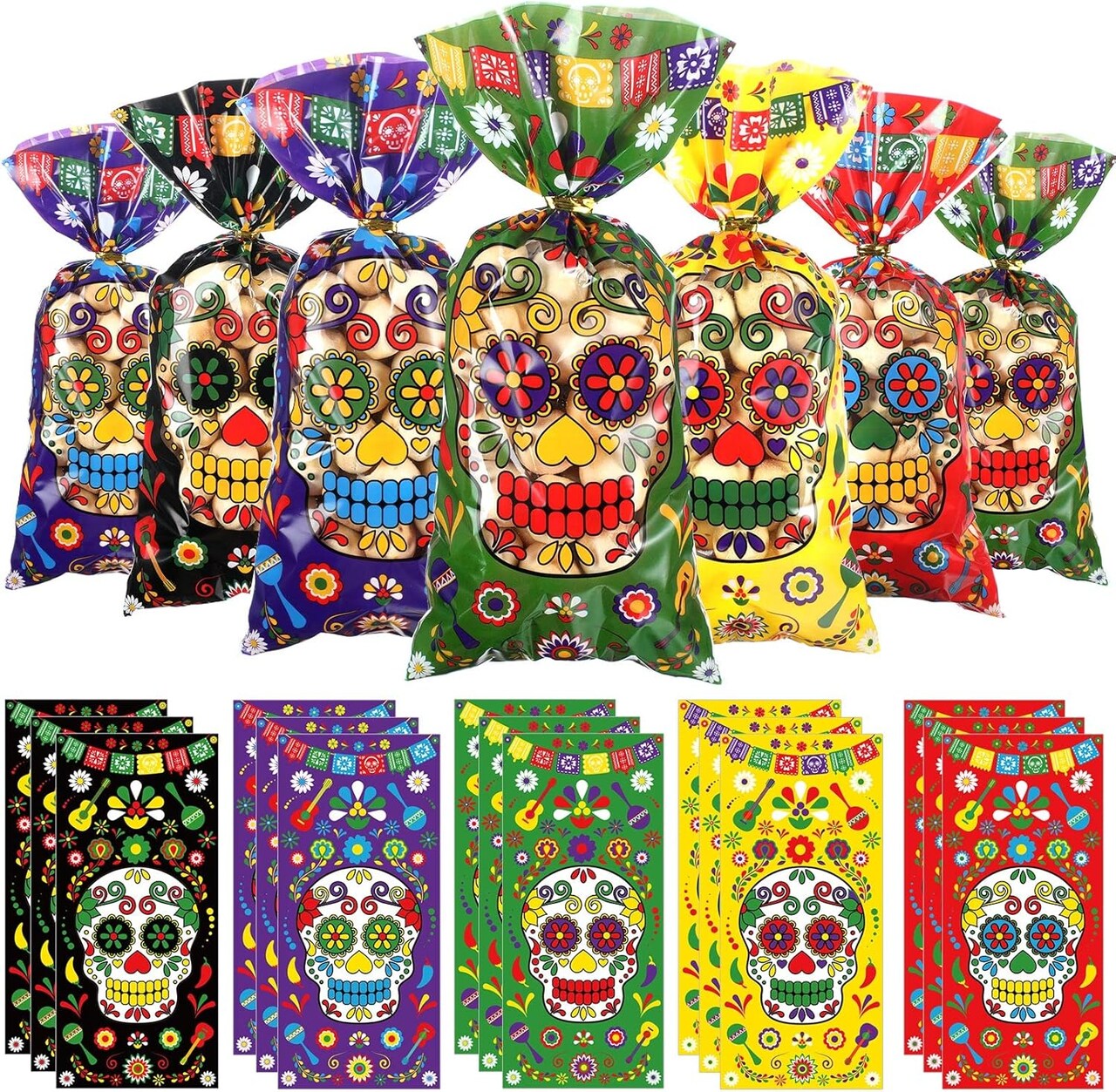 100 Pcs Dia De Los Muertos Goodie Bags Day of The Dead Gift Bags with Golden Twist Ties Day of The Dead Party Favors Bulk Sugar Skull Candy Bags for Mexican Party Day of The Dead Supplies Decor